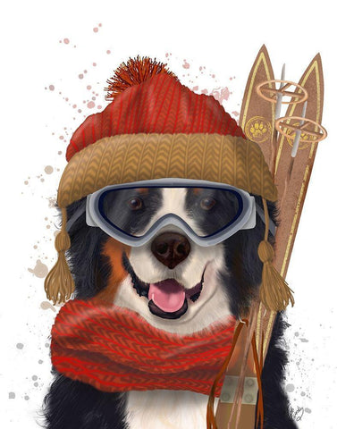 Bernese Ski Dog White Modern Wood Framed Art Print with Double Matting by Fab Funky