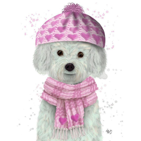 Bichon Frise in Pink Bobble Hat White Modern Wood Framed Art Print by Fab Funky