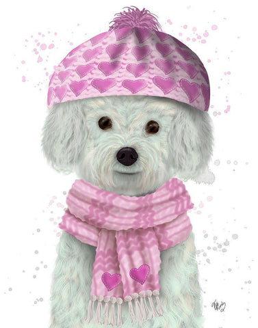 Bichon Frise in Pink Bobble Hat Black Ornate Wood Framed Art Print with Double Matting by Fab Funky