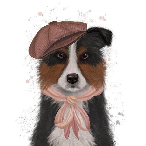 Border Collie Hat and Pink Scarf White Modern Wood Framed Art Print by Fab Funky