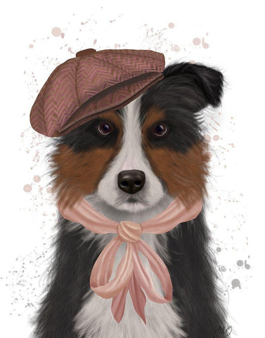 Border Collie Hat and Pink Scarf Black Ornate Wood Framed Art Print with Double Matting by Fab Funky