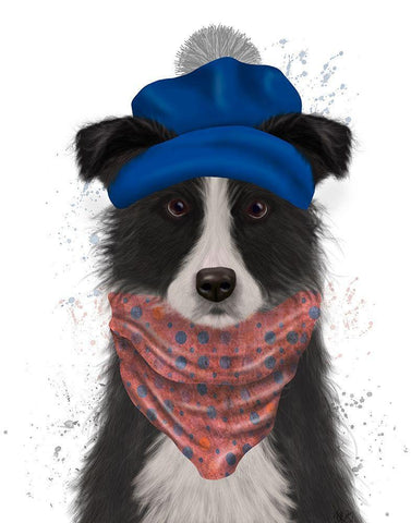 Border Collie in Blue Bobble Hat White Modern Wood Framed Art Print with Double Matting by Fab Funky