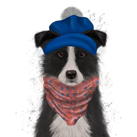 Border Collie in Blue Bobble Hat Gold Ornate Wood Framed Art Print with Double Matting by Fab Funky