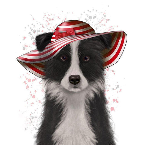 Border Collie in Red and White Floppy Hat White Modern Wood Framed Art Print by Fab Funky