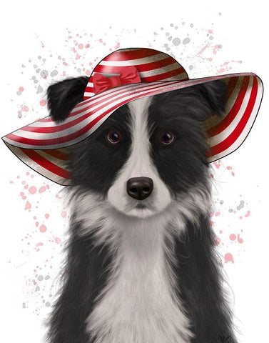 Border Collie in Red and White Floppy Hat Black Ornate Wood Framed Art Print with Double Matting by Fab Funky