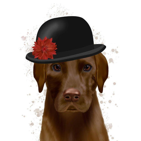 Chocolate Labrador and Bowler White Modern Wood Framed Art Print by Fab Funky