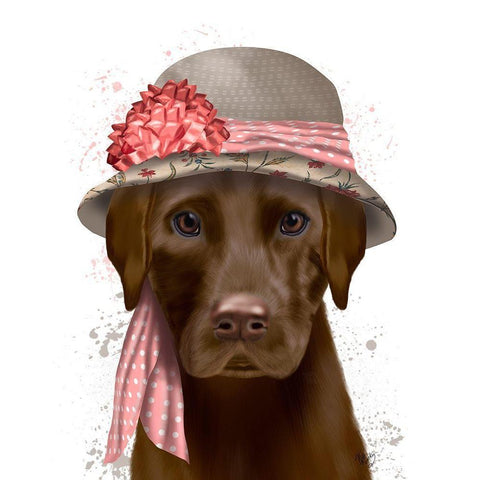 Chocolate Labrador Hat and Pink Scarf Black Modern Wood Framed Art Print with Double Matting by Fab Funky