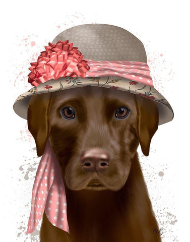 Chocolate Labrador Hat and Pink Scarf White Modern Wood Framed Art Print with Double Matting by Fab Funky