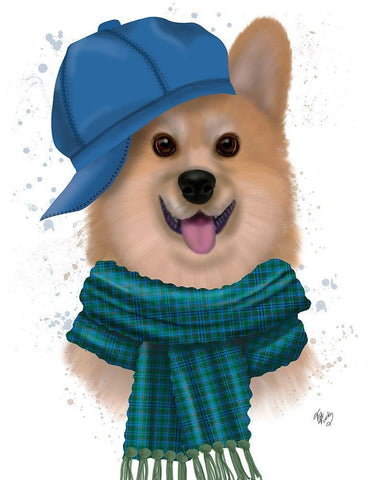 Corgi Baseball Hat and Scarf Black Ornate Wood Framed Art Print with Double Matting by Fab Funky