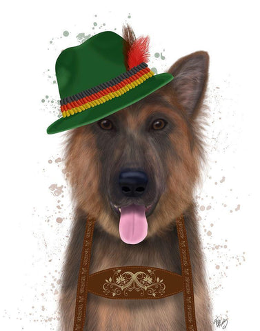 German Shepherd Lederhosen Black Ornate Wood Framed Art Print with Double Matting by Fab Funky