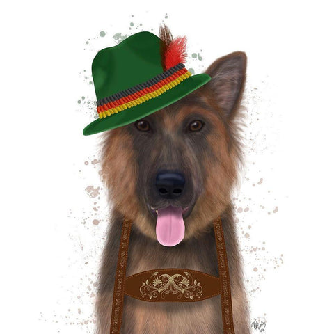 German Shepherd Lederhosen Black Modern Wood Framed Art Print by Fab Funky