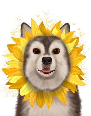 Husky Sunflower White Modern Wood Framed Art Print with Double Matting by Fab Funky