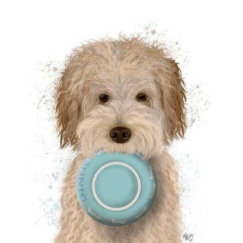 Labradoodle, Cream, Food Bowl White Modern Wood Framed Art Print by Fab Funky