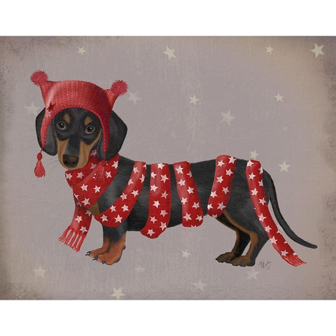 Dachshund and Long Scarf Gold Ornate Wood Framed Art Print with Double Matting by Fab Funky