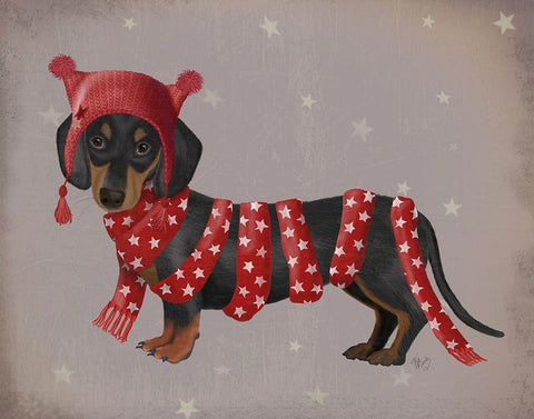 Dachshund and Long Scarf Black Ornate Wood Framed Art Print with Double Matting by Fab Funky