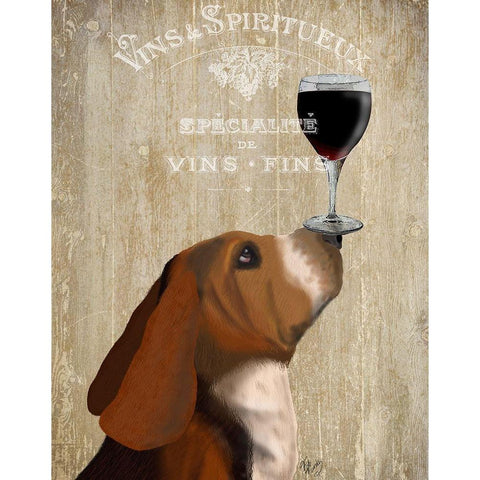 Dog Au Vin, Basset Hound White Modern Wood Framed Art Print by Fab Funky