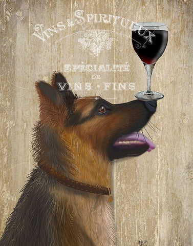 Dog Au Vin, German Shepherd Black Ornate Wood Framed Art Print with Double Matting by Fab Funky