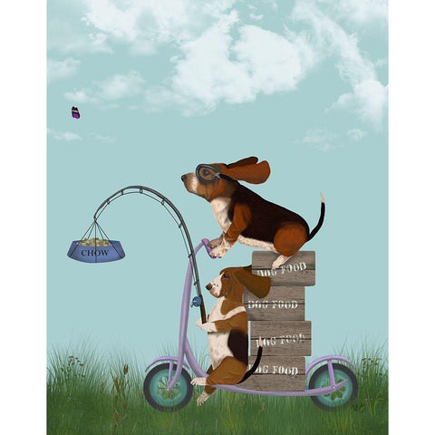 Basset Hound Scooter White Modern Wood Framed Art Print by Fab Funky