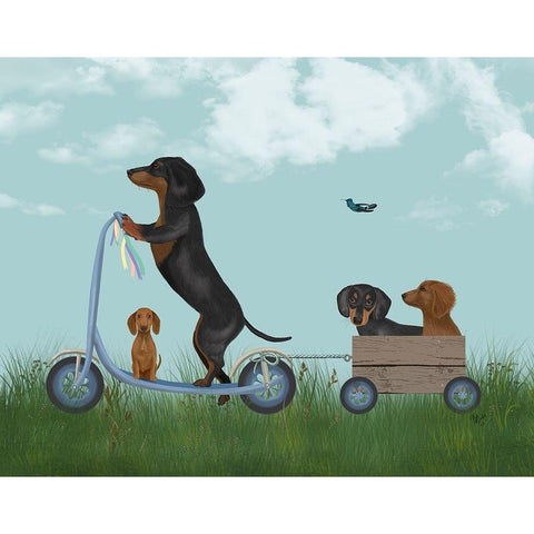 Dachshund Scooter Black Modern Wood Framed Art Print by Fab Funky