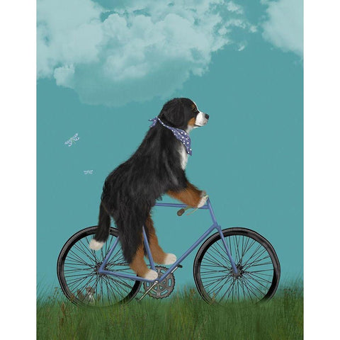 Bernese on Bicycle - Sky Black Modern Wood Framed Art Print by Fab Funky