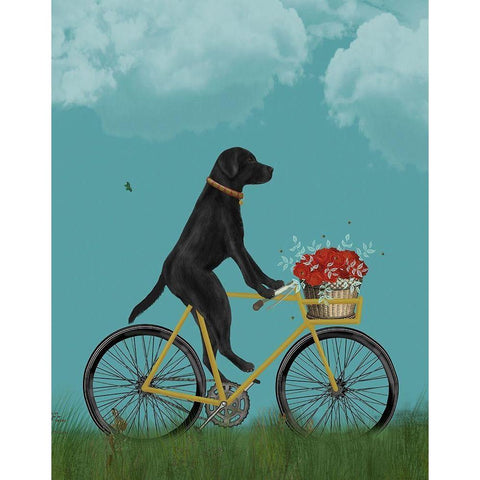 Black Labrador on Bicycle - Sky Black Modern Wood Framed Art Print by Fab Funky