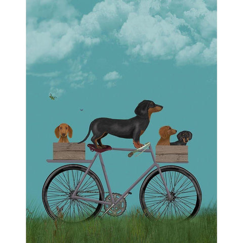 Dachshunds on Bicycle Black Modern Wood Framed Art Print by Fab Funky