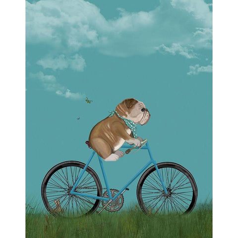 English Bulldog on Bicycle - Sky Black Modern Wood Framed Art Print by Fab Funky