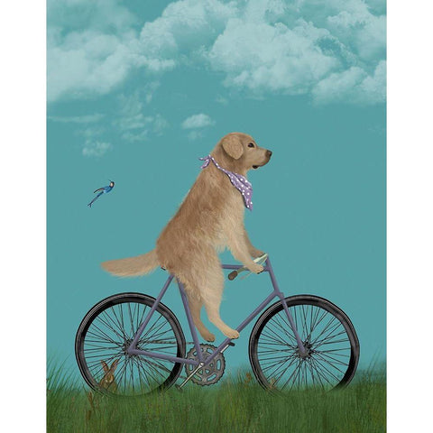 Golden Retriever Bicycle Black Modern Wood Framed Art Print by Fab Funky