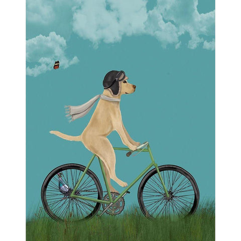 Yellow Labrador in Flying Helmet on Bicycle, Sky Black Modern Wood Framed Art Print by Fab Funky