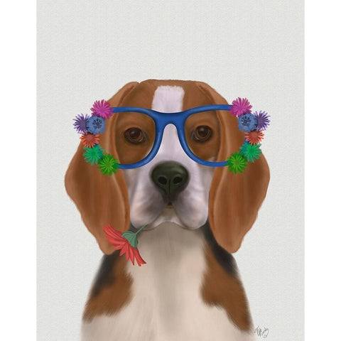 Beagle and Flower Glasses  Gold Ornate Wood Framed Art Print with Double Matting by Fab Funky