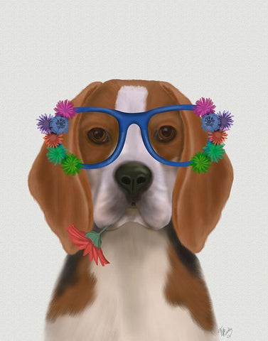 Beagle and Flower Glasses  White Modern Wood Framed Art Print with Double Matting by Fab Funky