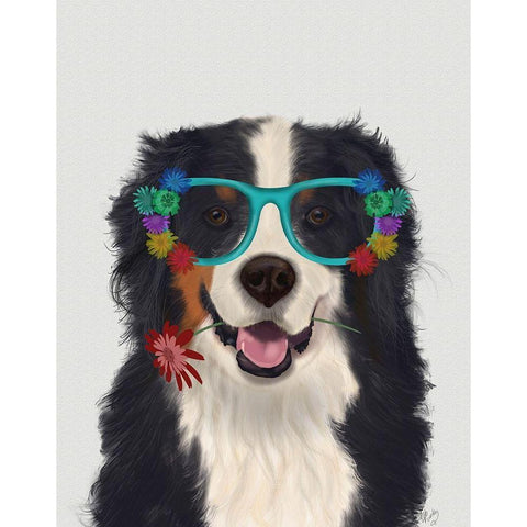 Bernese and Flower Glasses  Black Modern Wood Framed Art Print with Double Matting by Fab Funky