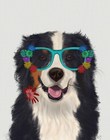 Bernese and Flower Glasses  White Modern Wood Framed Art Print with Double Matting by Fab Funky