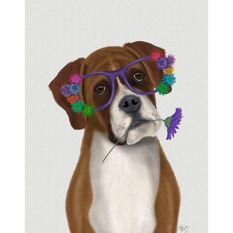 Boxer and Flower Glasses Black Modern Wood Framed Art Print with Double Matting by Fab Funky