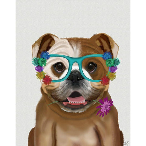 English Bulldog and Flower Glasses Black Modern Wood Framed Art Print with Double Matting by Fab Funky