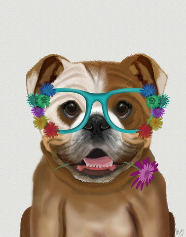 English Bulldog and Flower Glasses Black Ornate Wood Framed Art Print with Double Matting by Fab Funky