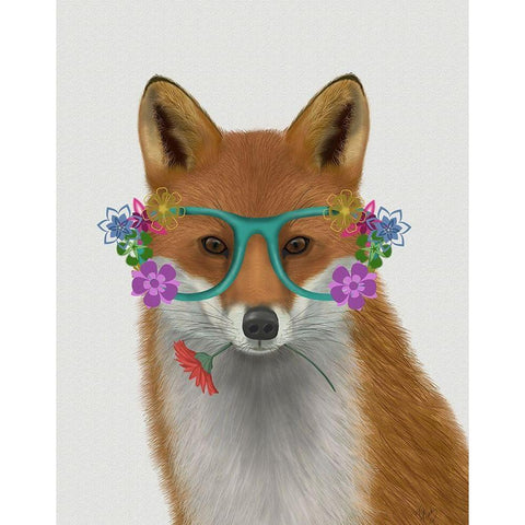 Fox and Flower Glasses Gold Ornate Wood Framed Art Print with Double Matting by Fab Funky