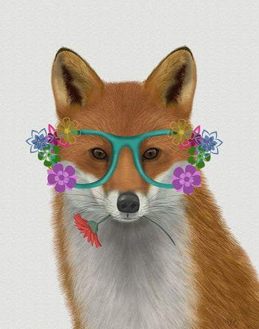 Fox and Flower Glasses White Modern Wood Framed Art Print with Double Matting by Fab Funky