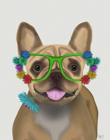 French Bulldog and Flower Glasses White Modern Wood Framed Art Print with Double Matting by Fab Funky