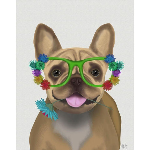 French Bulldog and Flower Glasses White Modern Wood Framed Art Print by Fab Funky