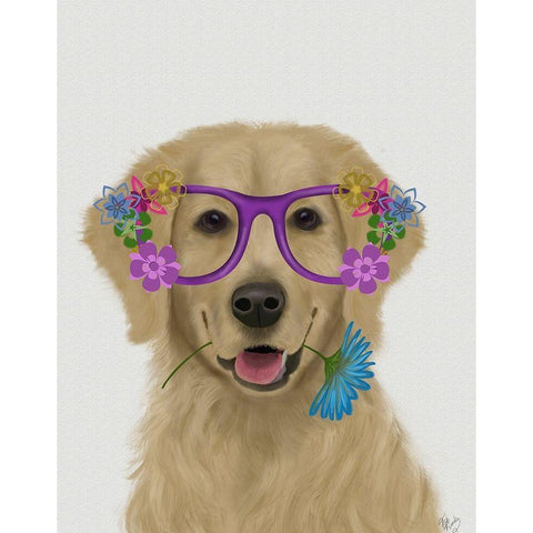 Golden Retriever and Flower Glasses White Modern Wood Framed Art Print by Fab Funky