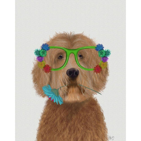 Labradoodle Golden and Flower Glasses Black Modern Wood Framed Art Print with Double Matting by Fab Funky