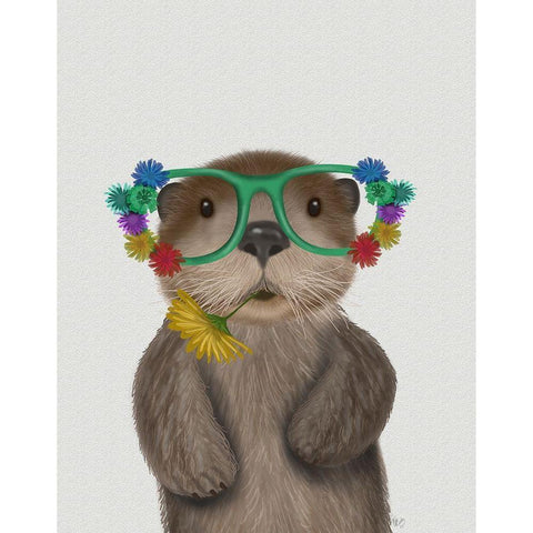 Otter and Flower Glasses White Modern Wood Framed Art Print by Fab Funky