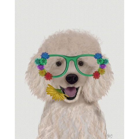 Poodle, White and Flower Glasses White Modern Wood Framed Art Print by Fab Funky