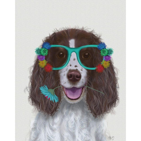 Springer Spaniel and Flower Glasses Black Modern Wood Framed Art Print with Double Matting by Fab Funky