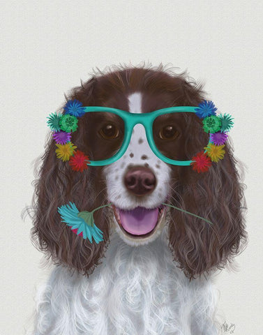 Springer Spaniel and Flower Glasses White Modern Wood Framed Art Print with Double Matting by Fab Funky