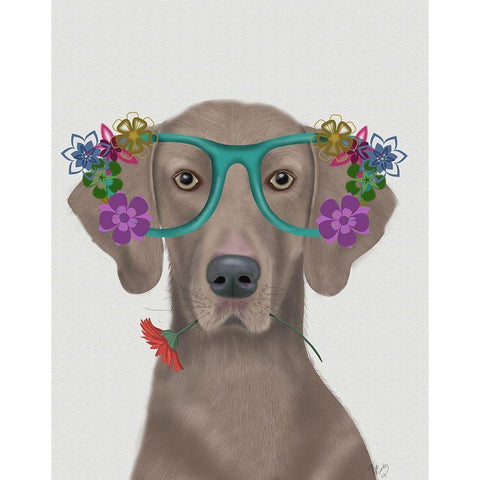 Weimaraner  and Flower Glasses Black Modern Wood Framed Art Print by Fab Funky