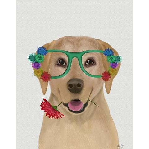 Yellow Labrador and Flower Glasses White Modern Wood Framed Art Print by Fab Funky