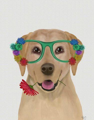 Yellow Labrador and Flower Glasses White Modern Wood Framed Art Print with Double Matting by Fab Funky