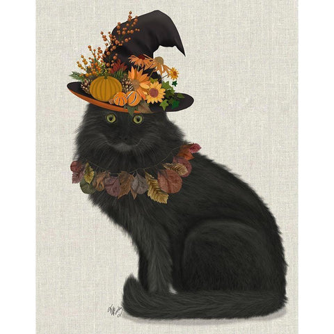 Black Cat with Autumn Hat, Full Black Modern Wood Framed Art Print with Double Matting by Fab Funky